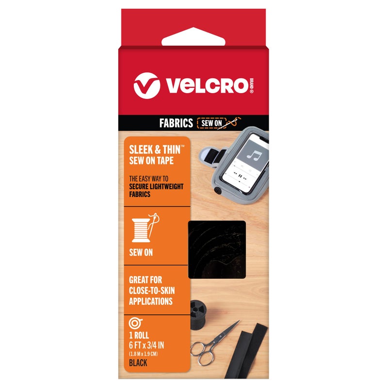 VELCRO Brand Sleek and Thin for Fabrics | 6ft x 3/4in Tape, Black | Soft on Skin Ultra Light with Sewing Lane Technology, - Image 1